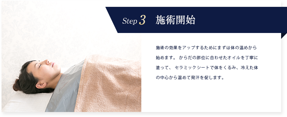 Step3 施術開始 施術の効果をアップするためにまずは体の温めから始めます。 からだの部位に合わせたオイルを丁寧に塗って、 セラミックシートで体をくるみ、冷えた体の中心から温めて発汗を促します。