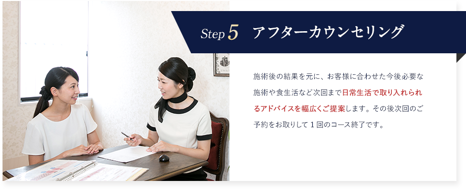 Step5b アフターカウンセリング 施術後の結果を元に、 お客様に合わせた今後必要な施術や食生活など次回まで日常生活で取り入れられるアドバイスを幅広くご提案します。 その後次回のご予約をお取りして1回のコース終了です。