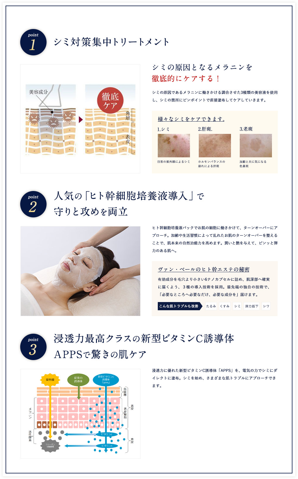 シミ対策集中トリートメント シミの原因となるメラニンを徹底的にケアする! シミの原因であるメラニンに働きかける調合させた3種類の美容液を使用し、シミの箇所にピンポイントで直接塗布してケアしていきます。様々なシミをケアできます。 1.シミ 2.肝斑. 3.老斑人気の「ヒト幹細胞培養液導入」で守りと攻めを両立 ヒト幹細胞培養液パックでお肌の細胞に働きかけて、ターンオーバーにアプローチ。加齢や生活習慣によって乱れたお肌のターンオーバーを整えることで、肌本来の自然治癒力を高めます。潤いと艶を与えて、ピンッと弾力のある肌へ。 ヴァン・ベールのヒト幹エステの秘密 有効成分を毛穴より小さい6ナノカプセルに詰め、肌深部へ確実に届くよう、3種の導入技術を採用。最先端の独自の技術で、「必要なところへ必要なだけ、必要な成分を」届けます。 浸透力最高クラスの新型ビタミンC誘導体APPSで驚きの肌ケア 浸透力に優れた新型ビタミンC誘導体「APPS」を、電気の力でシミにダイレクトに塗布。シミを始め、さまざまな肌トラブルにアプローチできます。